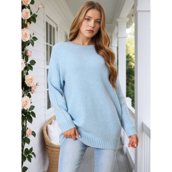 Crewneck Long Sleeve Oversized Loose Chunky Warm Pullover Sweater Top Light Blue - Picture 2 of 5